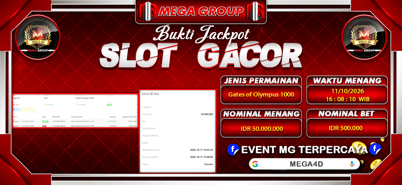 Bukti JP situs Mega4D hari Minggu, 11 Oktober 2026